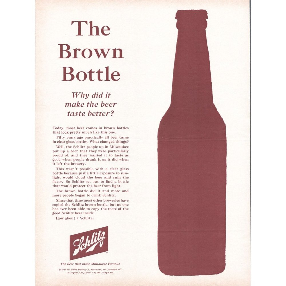 1961 Schlitz Beer The Brown Bottle Vintage Print Ad Bar Wall Art Milwaukee 10x13